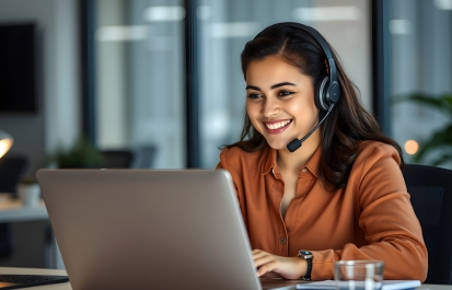 "Customer service representative wearing headset smiling while working on laptop in modern office"