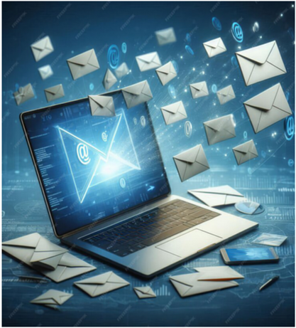 "Email marketing concept showing laptop with glowing envelope icons floating against blue digital background"