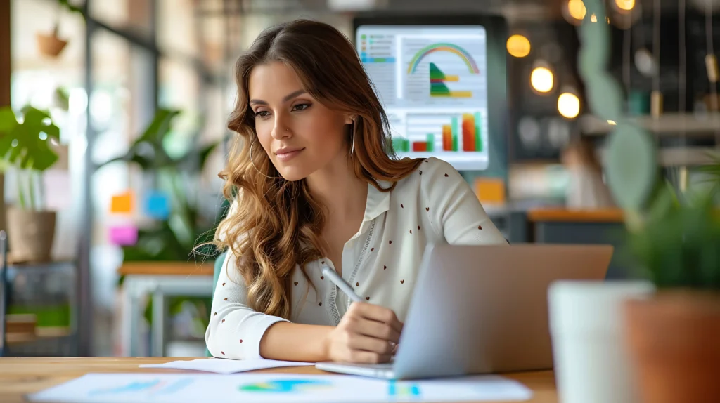 "Professional businesswoman analyzing data charts and graphs on laptop while working in modern office space"