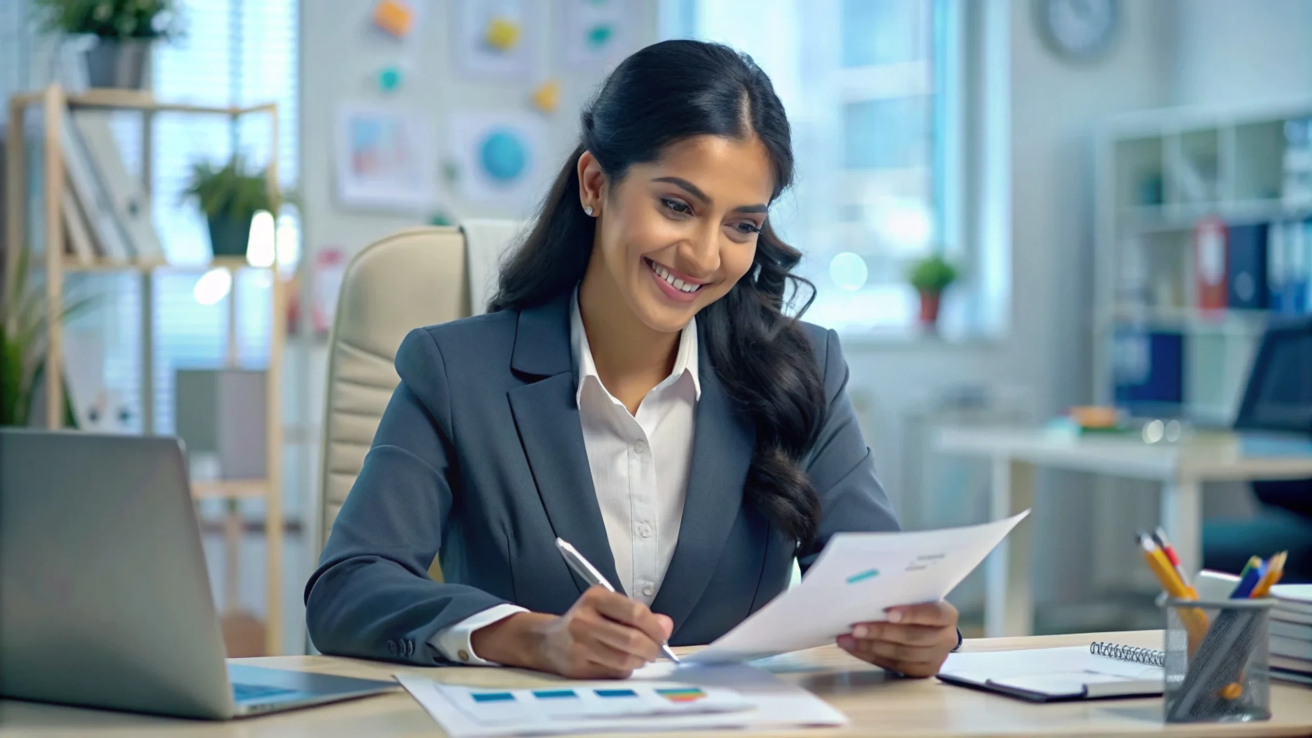 "Professional Indian businesswoman smiling while reviewing financial documents at modern office desk"