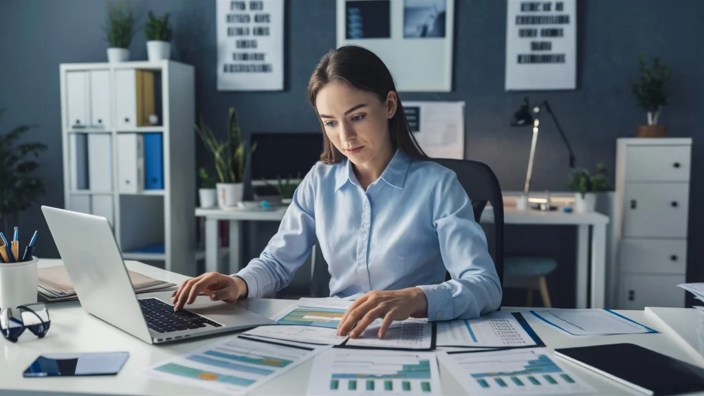 "Professional businesswoman analyzing financial reports and graphs on laptop in modern office workspace"