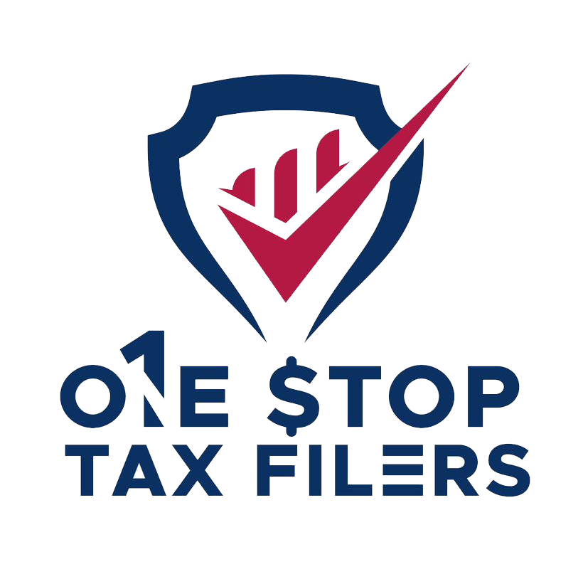 "One Stop Tax Filers logo - Professional tax services shield emblem with red checkmark and blue text"