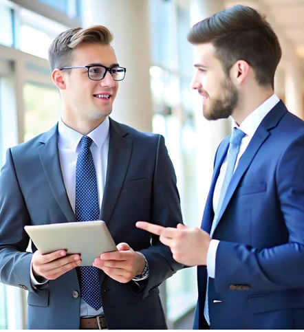 "Two young businessmen in navy suits having professional discussion while reviewing digital tablet in modern office corridor"