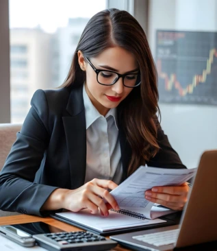 "Professional businesswoman analyzing financial documents at modern office desk with laptop and calculator"