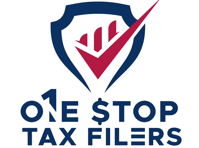 "One Stop Tax Filers logo - shield design with red checkmark and blue text"