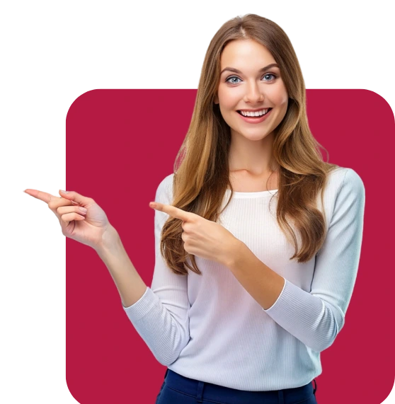 happy-woman-pointing-left-white-sweater-red-background