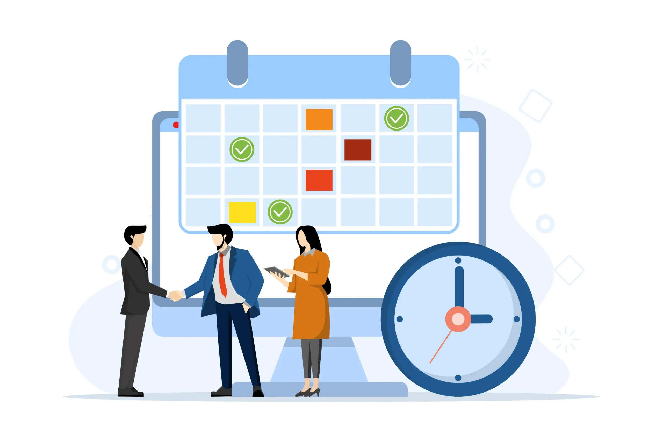 "Business professionals planning schedule with calendar and clock"